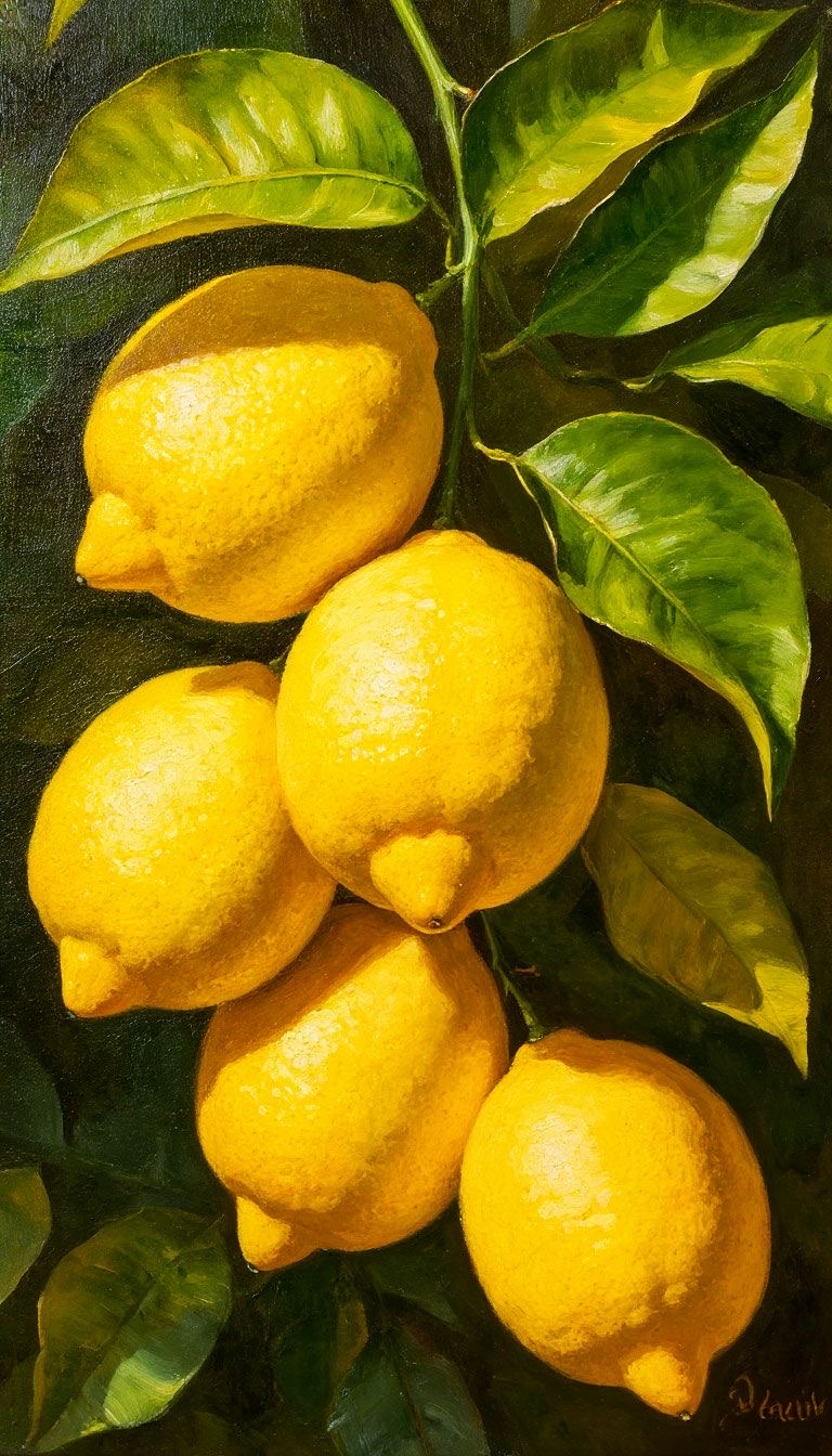 An oil painting of ripe lemons hanging from a leafy branch against a dark background