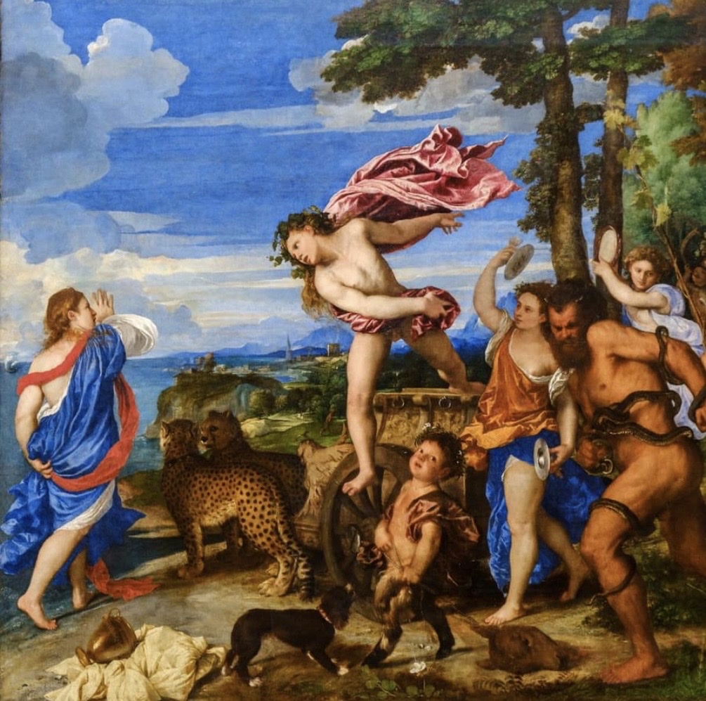 Titian's Bacchus and Ariadne: Bacchus leaping from his chariot towards Ariadne in a blue robe and red sash